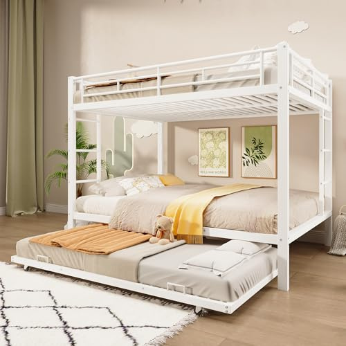 Metallbett Hochbett mit Ausziehbett und Leiter, Etagenbett Kinderbett 140x200 für 3 Kinder, Eisenbett Stockbett Funktionsbett Jugendhochbett mit Lattenrost und Rausfallschutz, ohne Matratze, Weiß