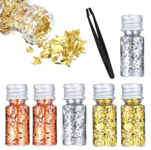 Aysatogc Blattgold Mit Pinzette Blattgoldblätter Tortendeko Dekorative Goldfolie Flocken Blattgoldtabletten für Nagelkunst Kunsthandwerk Malerei Harzkunst Vergoldete, 6 Flaschen