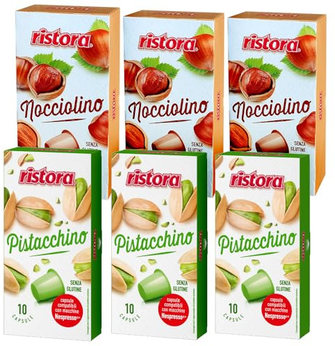 Set 60 Capsule Ristora – 30 Pistacchio + 30 Nocciolino – Compatibili con Macchine ad uso domestico Nespresso* – Bevande Solubili – 100% Made in Italy – Prodotto Originale