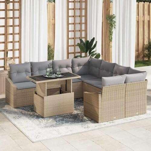 Bucmath Garten-Sofa-Set, 9-teilig, Beige Poly Rattan, Modular, mit Glas-Tisch, Wetterfest, für Terrasse & Balkon, Hochlehner