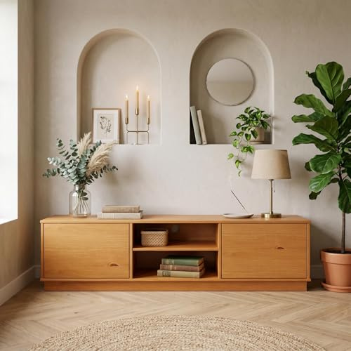IDIMEX Lowboard Maite 170 cm aus Massivholz, Eiche Finish - TV Board mit Kabelauslass, Kommode mit offenen Mittelfach, Wohnzimmermöbel mit Push-to-Open Funktion