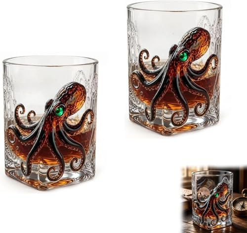 Lot de 2 verres à whisky « Release the Octupus » de Sea Legend Pirate-Bar - Cadeau unique pour papas, frères, amateurs de rhum, fans de whisky, collectionneurs sur le thème des pirates