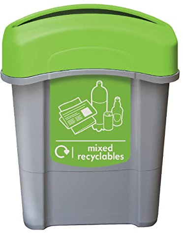 Glasdon Eco Nexus 60 Mixed Recycling Bin (Grey, Green Sticker) – 60-Litre Mixed Waste Bin with Narrow Footprint – Indoor Mixed Recyclables Recycling Container