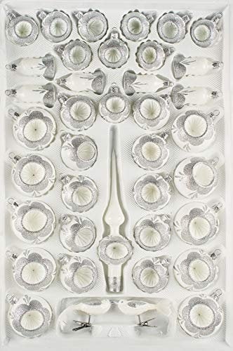 Navidacio 39 TLG. Glas-Weihnachtskugeln Set in 'Hochglanz Vintage Classic Weiss Silber ' - Christbaumkugeln - Weihnachtsschmuck-Christbaumschmuck-Reflektorkugeln-Reflexkugeln-Reflector Balls