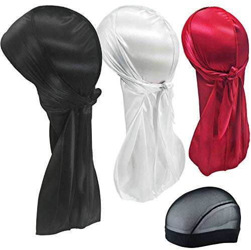 Hairizone 3 Stück Seidig Durags für Herren Wellen mit 1 Wellenkappe (Schwarz, Weiß, Weinrot)
