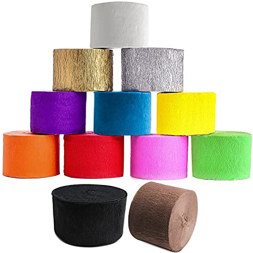 QIQN Papel Crepé 25m x 4.5cm Cintas de Papel Pinocho para Pared,Diy Manualidades, Flores,Festivales,Varios Fiesta de Cumpleaños Fiesta de Boda Decoraciones del Partido(12 Rollos)