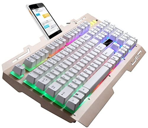 Wired Keyboard ZGB G700 104 Keys USB Wired Mechanical Feel Glowing Metal Panel Suspension Gaming Keyboard with Phone Holder Wired Keyboard (Color : Gold)