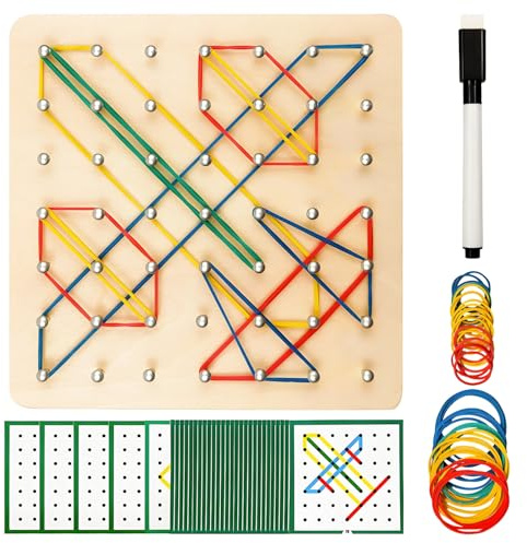 Jouets Montessori en bois, géoboard en bois avec cartes d'activités et bande en caoutchouc – Épingles à panneaux perforés avec bande en caoutchouc Montessori formes l'imagination et la créativité de