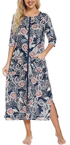 Rubehoow Zipper Housecoats for Women Half Sleeve Summer Maxi Nightdress Soft Cotton Lounger Momo Housedress Large