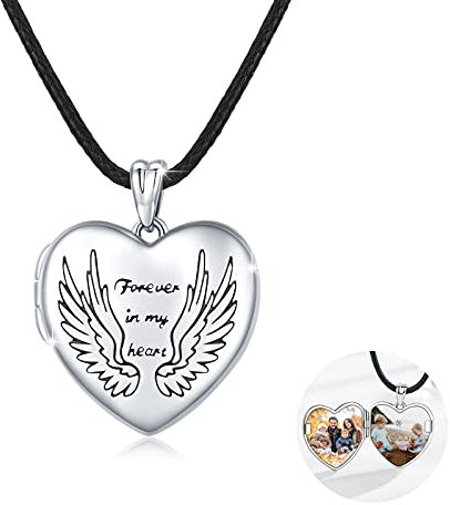 XIXLES Herz Medaillon Kette Silber 925 Flügel Anhänger Halskette Für Immer in Meinem Herzen Amulett zum Öffnen für Bilder Foto Medaillon Schmuck Geschenke für Damen Freundin Frau Mama