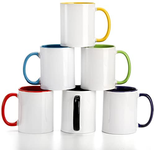AVLA 6 Packs Porcelain Sublimation Mugs, 12 OZ Blank Drinking Cups with Handles, DIY Coated Ceramic Coffee Mug Sets for Cappuccino, Tea, Milk, Latte, Hot Cocoa, Microwave and Dishwasher Safe