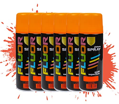 Etrexonline Pintura Spray Multicolor Profesional 400ml Adecuado Metal Madera y Plástico - Color Naranja fluorescente (Paquete de 6)