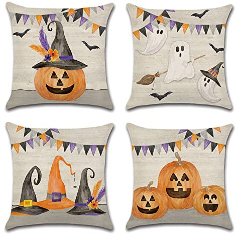 OCEUMACO Leinen Kissenbezug 50x50 Herbst Halloween Muster Kissenhülle 4er Set Quadratisch Dekokissen Sofakissen Bezug für Couch Orange Kürbis Kinder Kissen Kissenbezüge Deko Zierkissen Couchkissen