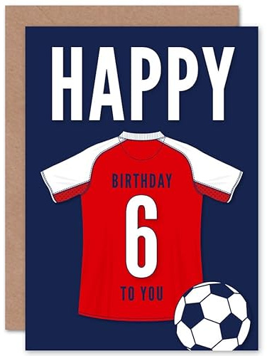Artery8 Soccer Football 6th Birthday Card for Boys Girls Red White Jersey Football Top on Dark Blue Background