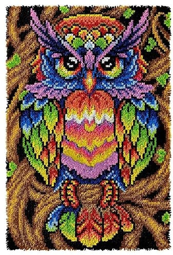 ROCKY&CHAO Knüpfhaken-Teppich-Set DIY-Knüpfhaken Teppichherstellungs-Set für Erwachsene Kinder Kreuzstich-Set Teppichherstellung Heimdekoration 60 x 40 cm (Bunte Eule)