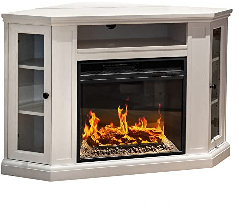 Camino elettrico caminetto da terra ad angolo MADISON in legno Bianco L126 x P78 x H83