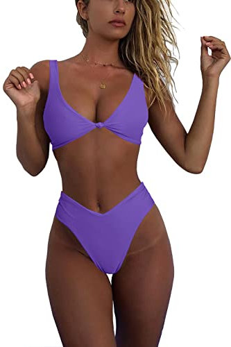 Geluboao, Completo bikini da donna con scollatura a V, nodo frontale, push-up, perizoma a gamba alta, due pezzi, Viola scuro, S