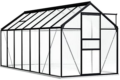 HOMIUSE Gewächshaus mit Fundamentrahmen Anthrazit Aluminimum 8,17 m³ 190x430x202 cm Gewächshaus Glas Balkon Gewächshaus Winterfest Gewächshaus Heizung Gewächshäuser Gewächshaus Groß Glashaus