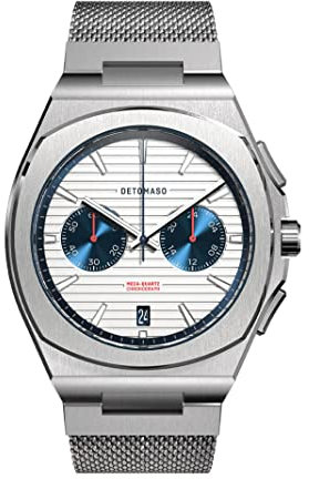 DeTomaso VOLTRE Chrono First Edition White Blue Weiß Herren-Armbanduhr Analog Quarz Mesh Milanese Silber