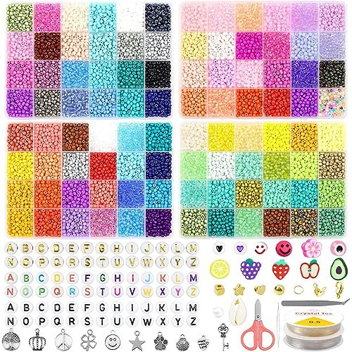 HYHJMISTY 12000PCS 4mm Perlen Set, Perlen für Armbänder, Glasperlen zum Auffädeln, Glasperlen Kit mit 300pcs Buchstabenperlen&Böse Augen Perlen, Perlenset für DIY Armband Schmuckherstellung