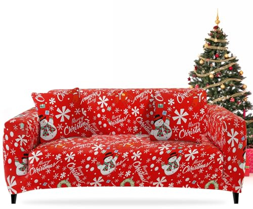 FIGOOO Sofabezug Weihnachten 4 Sitzer Stretch Sofabezüge mit Armlehnen Spandex Couchbezug Christmas Anti-Rutsch Waschbar Sofa Protection Cover Schonbezug Couch(4-Sitzer,Schneeflocken)