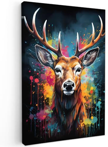 MuchoWow© Wandbilder Groß 80x120 cm XXL Schlafzimmer Home Deko Wohnung Bild Wohnzimmer Fotoleinwand Wand Bilder Leinwand Wall Decor Banksy - Street Pop Art - Hirsche - Graffiti - Tiere - Farben