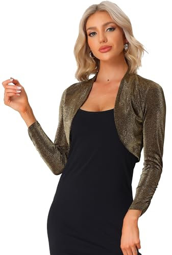 Allegra K Women's Glitter Shrug Cocktail Evening Shiny Crop Cardigan Long Sleeves Sparkly Bolero Black Gold S