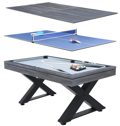 Table Multi-Jeux TEXAS 3 en 1 Billard et Ping-Pong Gris 183 cm | Se convertit en surface de repas, structure MDF sur 4 pieds, jeu de boules et raquettes fournis