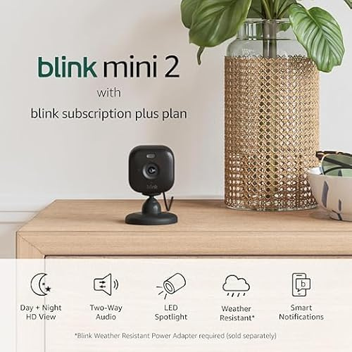 All-New Blink Mini 2 with 1-Year Plus Subscription — Plug-in smart security camera, HD night view in color, built-in spotlight, motion detection, Works with Alexa — 2 Cameras (Black)