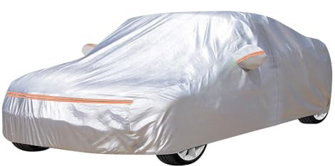 Autoabdeckung Wasserdicht Sonnenschutz, Autoschutzhülle Anti-Scratch Staub Wetterfeste, Auto Abdeckplane mit Reißverschluss und Baumwollfutter, für SUV/Schrägheck/Limousine (Silber+orange, 2L)