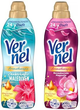 VERNEL Weichspüler-Set 2x 37 Waschladungen (74WL) Aromatherapie 1x Bezaubernde Magnolie & 1x Zauberhafte Malediven, langanhaltender Wäscheduft mit ätherischen Ölen für 24/7 Frische