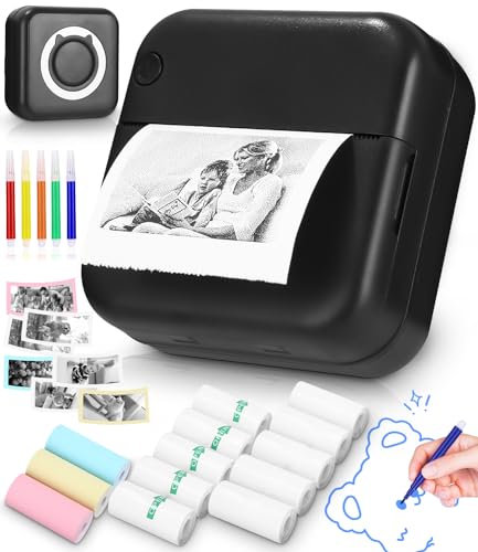 Zounin Stampante termica mobile senza fili,mini stampante portatile,stampante Bluetooth multifunzione con 13 rotoli di carta a 5 colori per appunti,piccoli disegni,stampa di elenchi