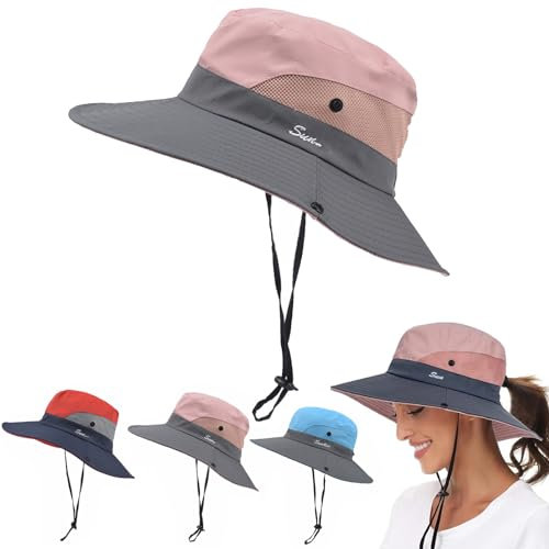 Oveallgo Gipfelfreund Sonnenhut Damen, Gipfelfreund Sonnenhut - Das Original, Gipfelfreund Sonnenhut Pferdeschwanz, Wide Brim, UV Protection (DE/NL/SE/PL, Alphanumerisch, Einheitsgröße, Rosa)