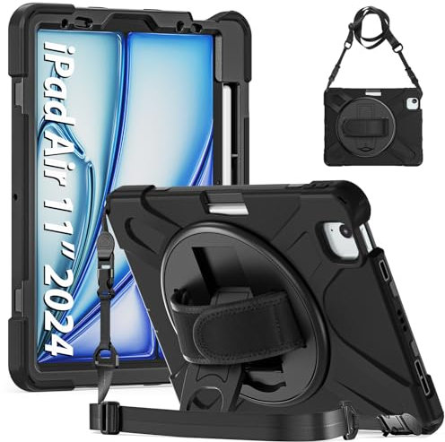 Gerutek Coque Antichoc pour iPad Air 11 Pouces M3/M2 (2025/2024), Air 5ème/Air 4è 10.9, Étui Armure Robuste avec Support Rotatif, Dragonne et Bandoulière, Porte-Stylet, Coque pour iPad Air 11, Noir