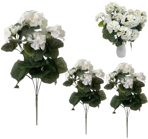 Pesoncarl Fake Geraniums, 3 PCS Artificial Geraniums for Outdoors 14inch Silk Outdoor Artificial Flowers Uv Resistant Bendable Fake Flower Long-lasting for Home Wedding Decor White