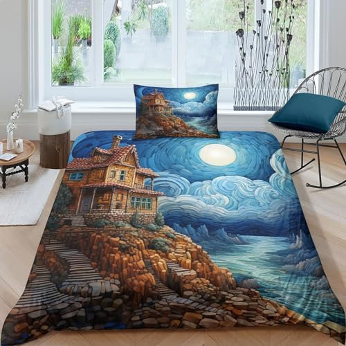 NAHCBIOT Cliffside House Bettwäsche Set Bettbezug Set Atmungsaktive Mikrofaser Van Gogh Style Bettwäsche Für Schlafzimmer, Weiche Bequemer Single（135x200cm）