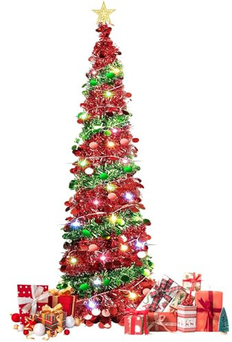 Árbol de Navidad, 150 cm Artificial Arbol Navidad con Luces LED y Adornos, Árbol de Navidad Frondoso, Arbol de Navidad Plegable para Decoracion Navidad (Lentejuelas)