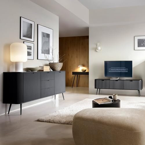 Lomadox Wohnzimmer Set schwarz gerillt mit Rillen modern Konsolentisch Lowboard Sideboard Füße Metall schwarz