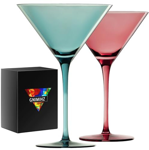 Gnimihz Farbige Martini-Gläser, mundgeblasen, Premium-Kristall-Cocktailgläser, für Bar, Martini, Cosmopolitan, Manhattan, Gimlet, Pisco Sour Stiel, Rot und Grün, 2 Stück
