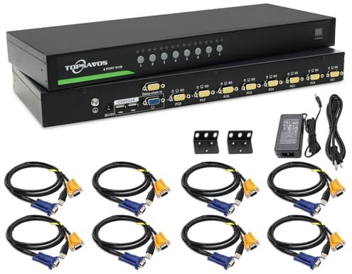 TOPSAVOS VGA-USB-KVM-Switch mit 8 Ports, 1U, bis zu 2048 x 1536 Auflösung, mit On-Screen-Display und Kabeln, 8-in-1-Out-Unterstützung, Hotkey-Taste, OSD-Umschaltung für Linux, Windows, Mac, Unix