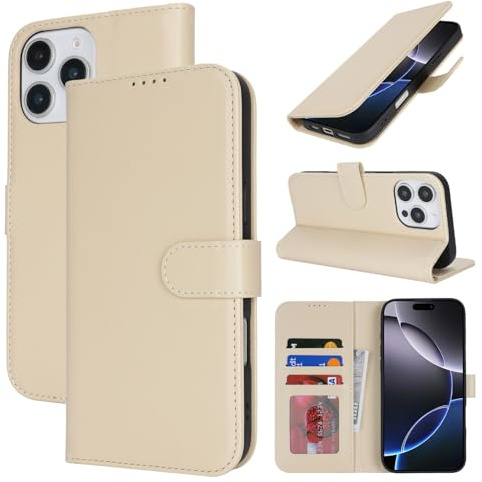 Zouzt Wallet Case for iPhone 16 Pro Max (6.9), Card Holder, Beige | Premium PU Leather, with Credit Slot, Shockproof TPU Shell, Magnetic Closure, Protective Flip Folio Phone Cover, Women Men