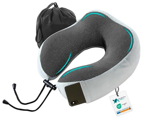 VALENTIA MEDICAL Nackenkissen Fluzeug Memory Foam– Ergonomisches Memory Foam Nackenhörnchen für Flugzeug, Auto & Bahn – Reisekissen mit Tasche, Verstellbarer Kordel & waschbarem Bezug