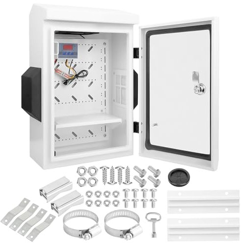 Elektrische Box für den Außenbereich mit Thermostat und Ventilator, einteiliges Belüftungsdesign, verzinkter Stahl, Aluminium-Rückstrahl, IP65 wasserdicht, Wand-/Mastmontage (39,9 x 30 x 15 cm)