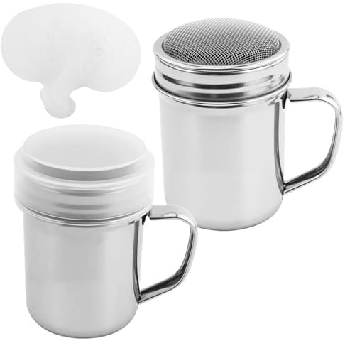 Edelstahl Pulverstreuer, 2 Stück Puderzuckerstreuer Schokoladen Streuer Gewürzstreuer mit feinmaschigem Deckel Kakaomehl Kaffee Sieb zum Backen Kochen für häusliche Restaurant, mit 16 Stück Prägeform
