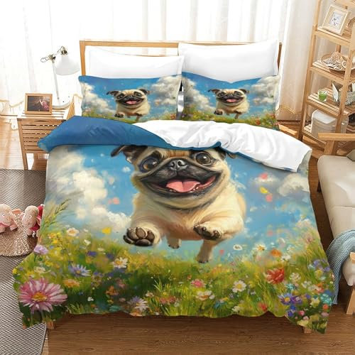 HMRKOEPGX Mops 3D Gedruckt Bettwäsche Luxus Welpe Bettbezug 3 Teilig Weich Mit Reißverschluss Wende Bettwäsche Set Single（140x200cm）