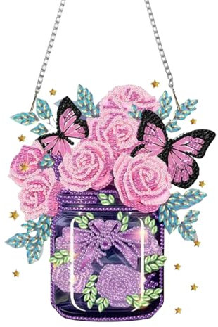 Zamety Diamond painting Anhänger, Diamond Painting Blumen, Vase Diamant Painting Fensterbilder mit Kette, Diamant Painting Kinder für Eingang und Fenster Wand Decor