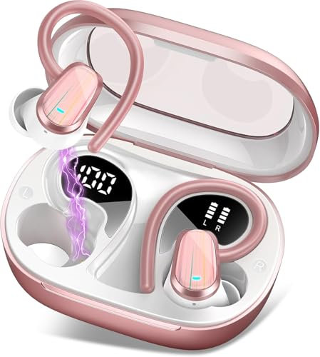 Cuffie Bluetooth Sport, Auricolari Bluetooth 5.4 con HiFi Stereo, 50 Ore Cuffie Wireless CVC8.0 Cancellazione Rumore, IP7 Impermeabile/Display LED Cuffiette, Cuffie Senza Fil per Running Oro Rosa