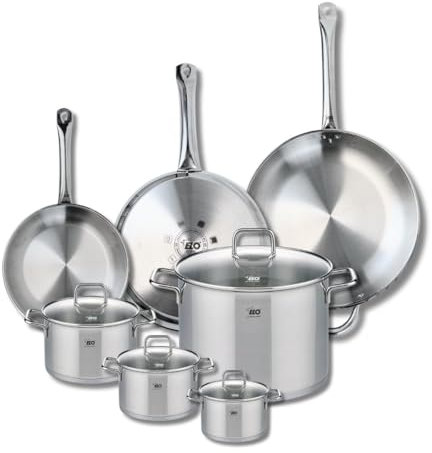ELO 9513450 Batterie de cuisine 7 pièces, Ensemble de 3 Poêles de cuisson 24, 28 et 32 cm et 4 faitouts 12, 14, 16 et 26 cm Elo Profi Citrin, inox, induction
