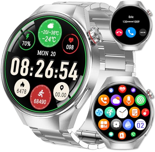 AMOLED Herren Smartwatch 4,4cm Bluetooth Anrufe Herzfrequenz Blutsauerstoff Schlafmonitor Fitness Tracker Wasserdicht IP67 Kompatibel mit Sprachassistent, Silver Rt G5plus