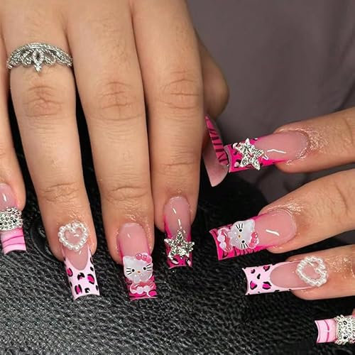 MouyouGlow Press on Nails Lang,Square Rosa Leopard French 3D Kitty Herz Perle Strass Sterne Design Cute Kawaii Y2K Coquette Fake Nails mit Nagelkleber,Pink Tips Artificial Fingernails